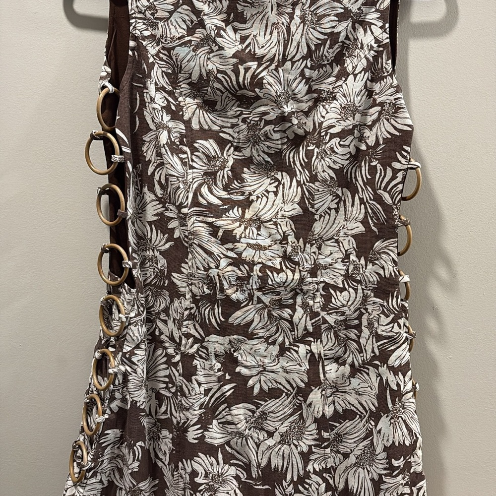 Brown and White Floral Dress with Side Ring Accents